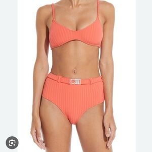 Solid & striped coral belted bikini size L NWT